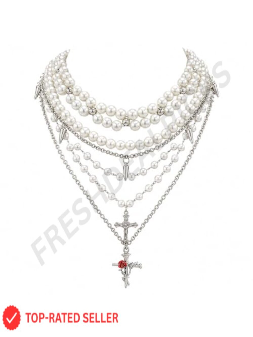 Layered Faux Pearl Cross Necklace Set Adjustable Gothic Stacked Jewelry Gift